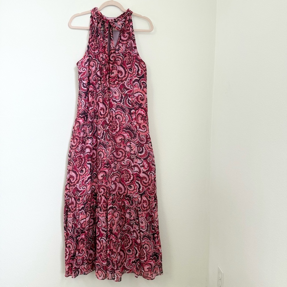 MFK Floral Printed Halter Tie Back Sleeveless Maxi Dress Tiered Skirt Sz L